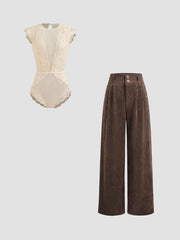 Lace Round Neckline Solid Cut Out See-through Bodysuit & Corduroy High Waist Solid Pleated Wide Leg TrousersSet
