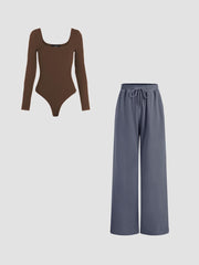 Solid U-neckline Bodysuit&Mid Rise Solid Drawstring Pocket Wide Leg Trousers Set