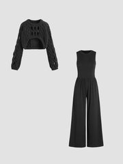 Hollow Out Long Sleeve Crop Top & Solid Sleeveless Wide Leg Jumpsuit Set