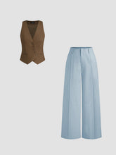 Linen-blend V-Neck Button Jacket Vest & Wide Leg Trousers