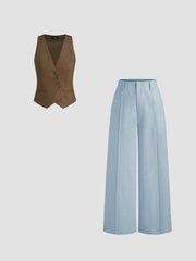Linen-blend V-Neck Button Jacket Vest & Wide Leg Trousers