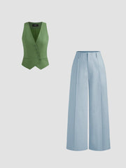 Linen-blend V-Neck Button Jacket Vest & Wide Leg Trousers