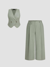 Linen-blend V-neck Button Vest & Mid Rise Pocket Wide Leg Trousers Curve & Plus