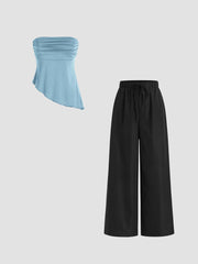 Ruched Asymmetrical Hem Tube Top & Elastic Waist Straight Leg Pant