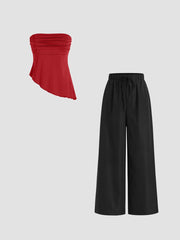Ruched Asymmetrical Hem Tube Top & Elastic Waist Straight Leg Pant