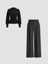 Mid Rise Solid Pocket Straight Leg Trousers & High Neck Solid Ruched Long Sleeve Top