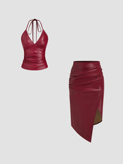 Faux Leather Ruched Split Midi Skirt & Halter Cami Top