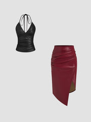 Faux Leather Ruched Split Midi Skirt & Halter Cami Top