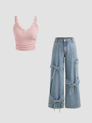 V-neck Bowknot Lace Cami Crop Top & Denim Low Rise Wide Leg Jean