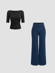 Boat Neck Ruched Middle Sleeve Tee & Stretch High Waist Wide Leg Jeans