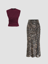 Ribbed Round Neck Twist Ruched Tank & Leopard Print Maxi Skirt