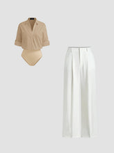 100% Cotton Collar Roll-up Sleeve Shirt Bodysuit & Mid Rise Solid Pocket Straight Leg Trousers