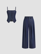 Denim Square Neck Cami Top & Mid Rise Pleated Wide Leg Jeans