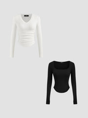 Thermal Cotton-blend V-neck Solid Ruched Long Sleeve Tee & Thermal Cotton-blend Square Neck Solid Thumb Hole Long Sleeve Tee