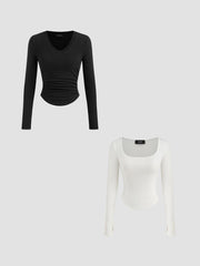 Thermal Cotton-blend V-neck Solid Ruched Long Sleeve Tee & Thermal Cotton-blend Square Neck Solid Thumb Hole Long Sleeve Tee