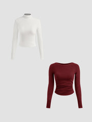 Thermal Cotton-blend Stand Collar Solid Long Sleeve Tee & Thermal Cotton-blend Boat Neck Solid Ruched Long Sleeve Tee