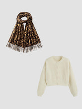 LEOPARD PRINT TASSEL SCARF & KNIT ROUND NECKLINE BUTTON CARDIGAN