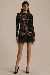 Stardust | Brown Sequined Velvet Crew-Neck Mini Dress With Feather Trim