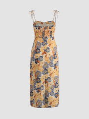 Floral Tie Shoulder Slit Midi Dress