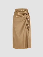 Satin Drawstring Split Midi Skirt