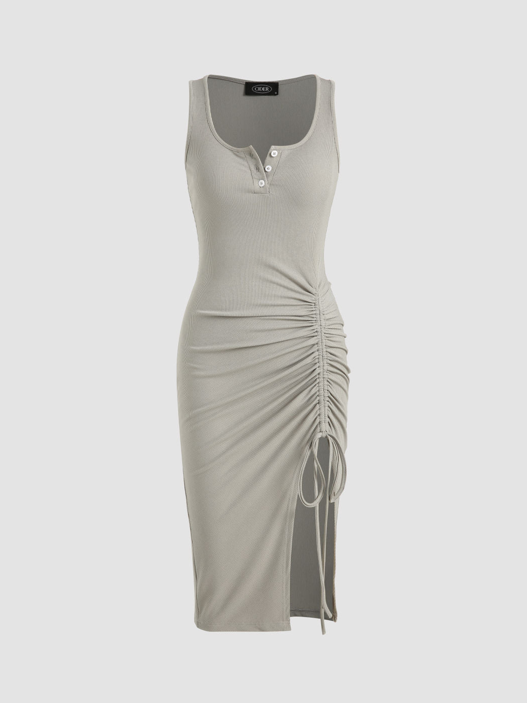 Rib Button Drawstring Midi Dress