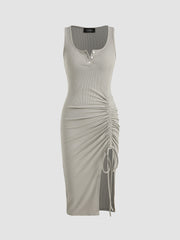 Rib Button Drawstring Midi Dress