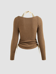 Two Tone Rib Knit Halter Drawstring Top