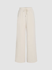 Solid Rib Drawstring Wide Leg Pants