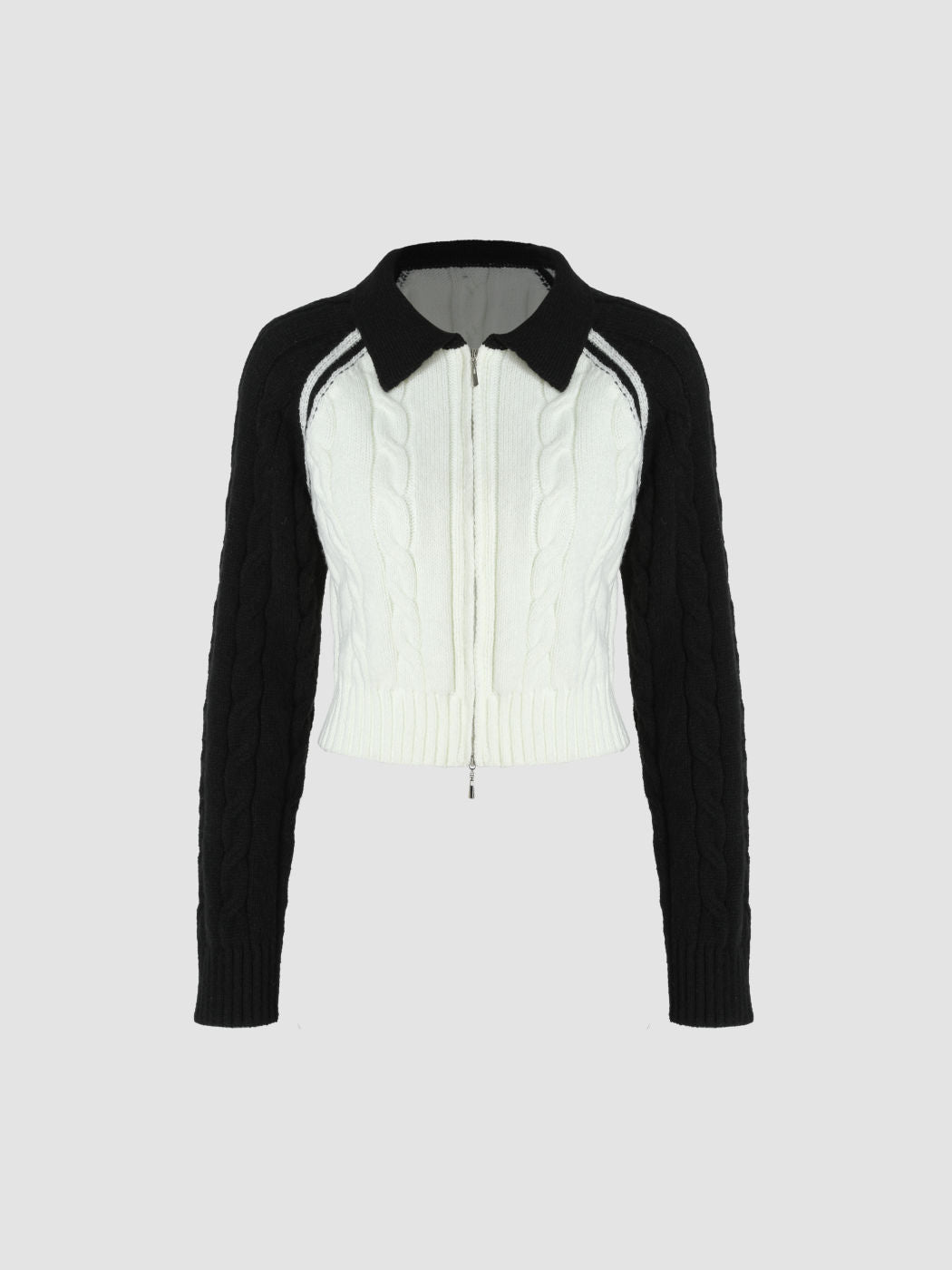 Collar Cable Knit Contrasting Trim Zipper Cardigan