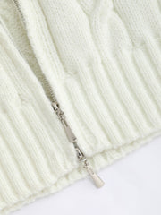 Collar Cable Knit Contrasting Trim Zipper Cardigan
