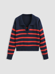 Striped Collar Knit Polo Top