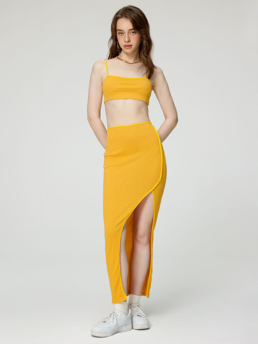 Solid Texture Crop Tank Top & Slit Skirt Set