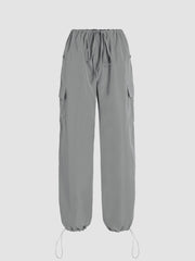 Slim Version Solid Low-Rise Parachute Cargo Pants