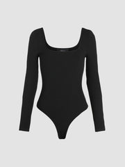 Solid U-neckline Bodysuit&Mid Rise Solid Drawstring Pocket Wide Leg Trousers Set