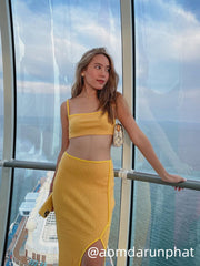 Solid Texture Crop Tank Top & Slit Skirt Set