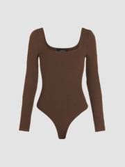 Solid U-neckline Bodysuit&Mid Rise Solid Drawstring Pocket Wide Leg Trousers Set