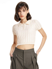 Solid Rib Knit Polo Crop Top