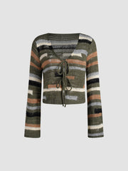 Wool-blend Knit Striped Tie Cardigan