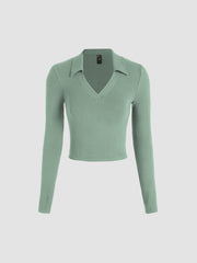 Solid Collar Long Sleeve Crop Top