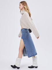 Denim Solid Split Midi Skirt