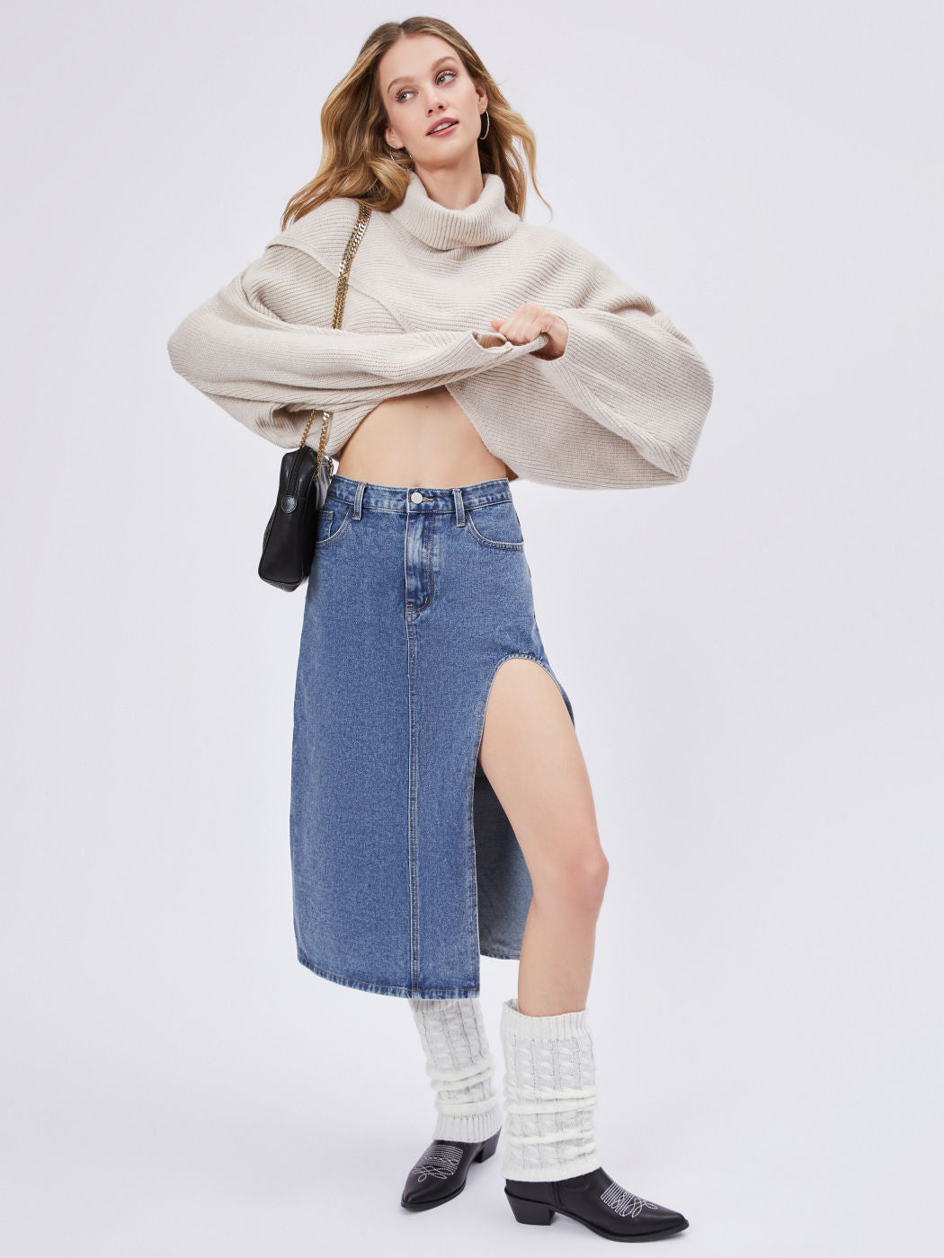 Denim Solid Split Midi Skirt