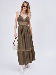 Solid Lace Trim Tiered Maxi Dress