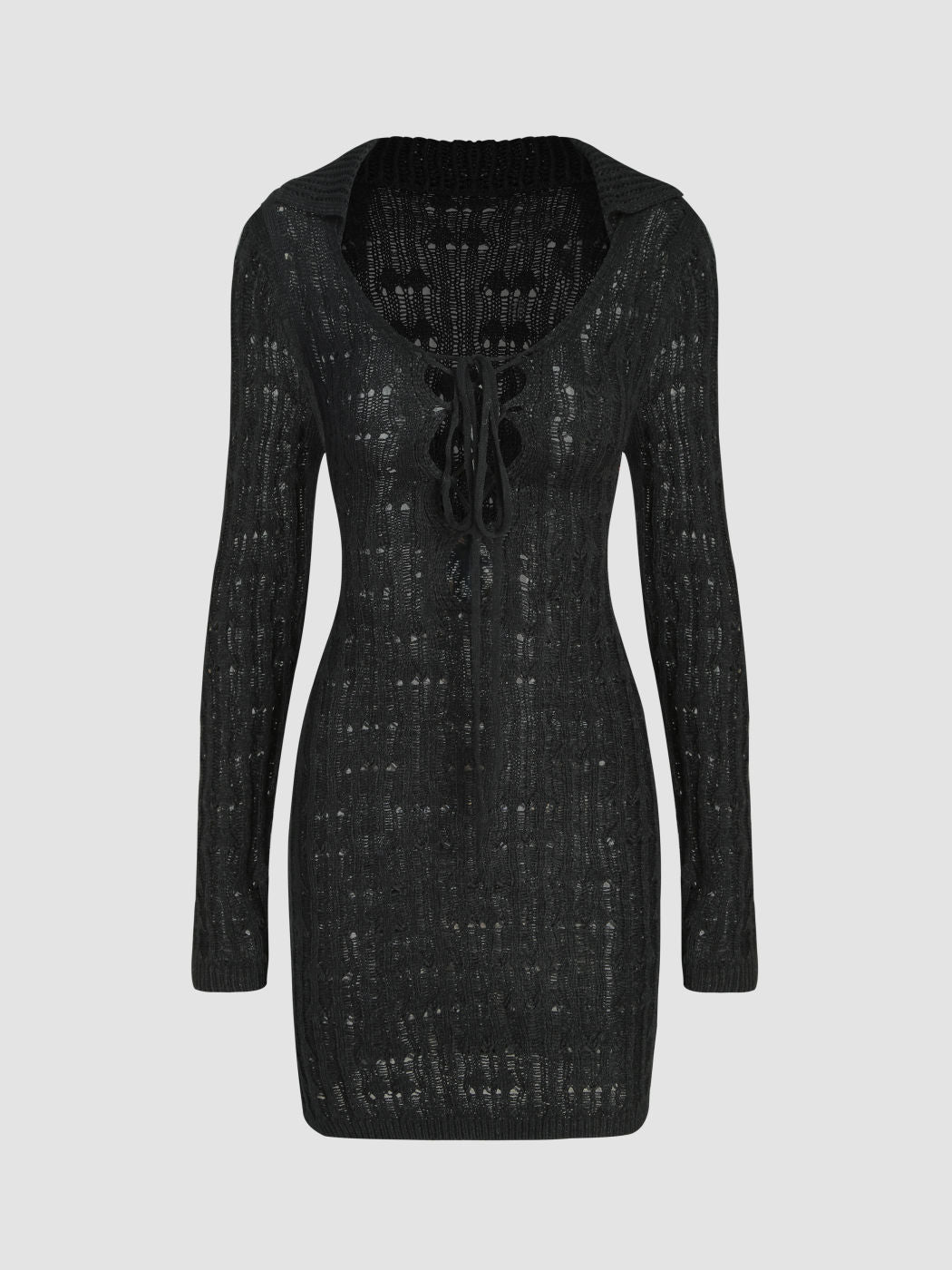 Knit Solid Collar Knotted Hollow Out Mini Dress