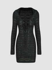 Knit Solid Collar Knotted Hollow Out Mini Dress