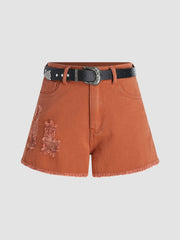 Denim Belted Mid Waist Shorts