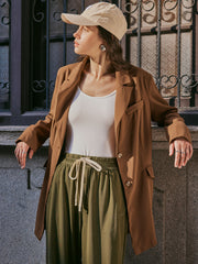 Solid Notched Collar Belted Blazer