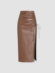 Faux Leather High Waist Drawstring Split Maxi Skirt
