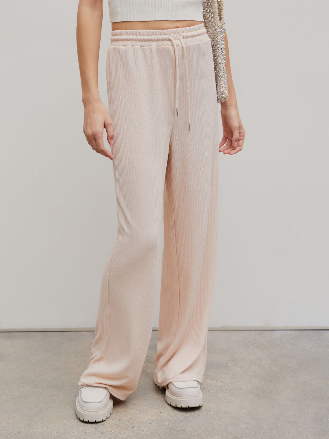 Solid Rib Drawstring Wide Leg Pants