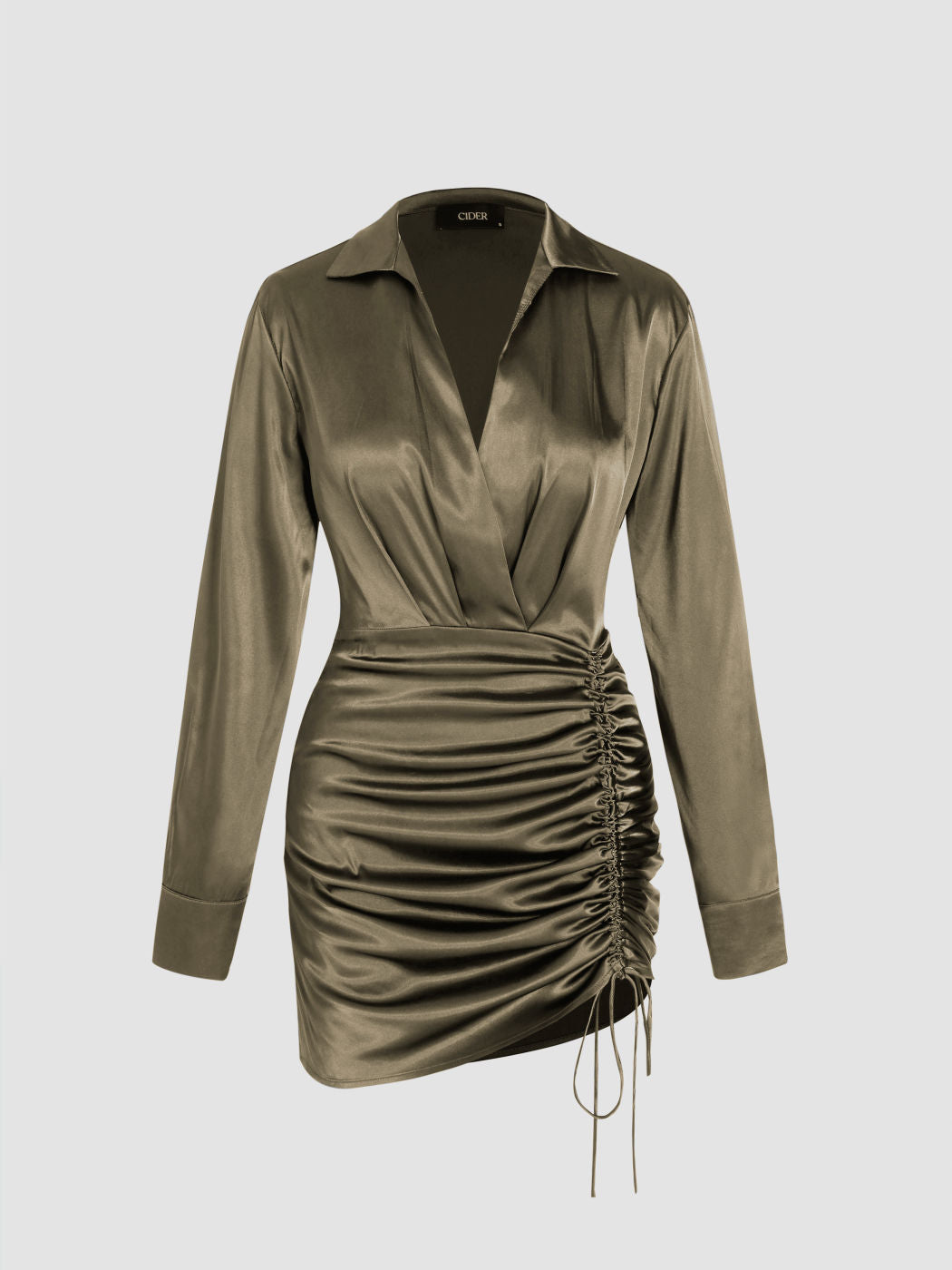 Solid Drawstring Satin Mini Shirt Dress