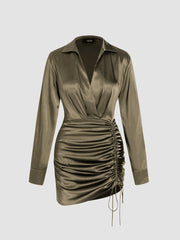 Solid Drawstring Satin Mini Shirt Dress